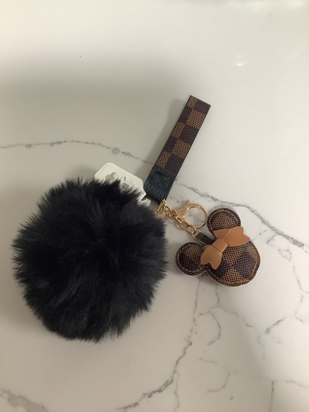 Faux Fur Pom Pom Keychain with Checkered Mouse Charm